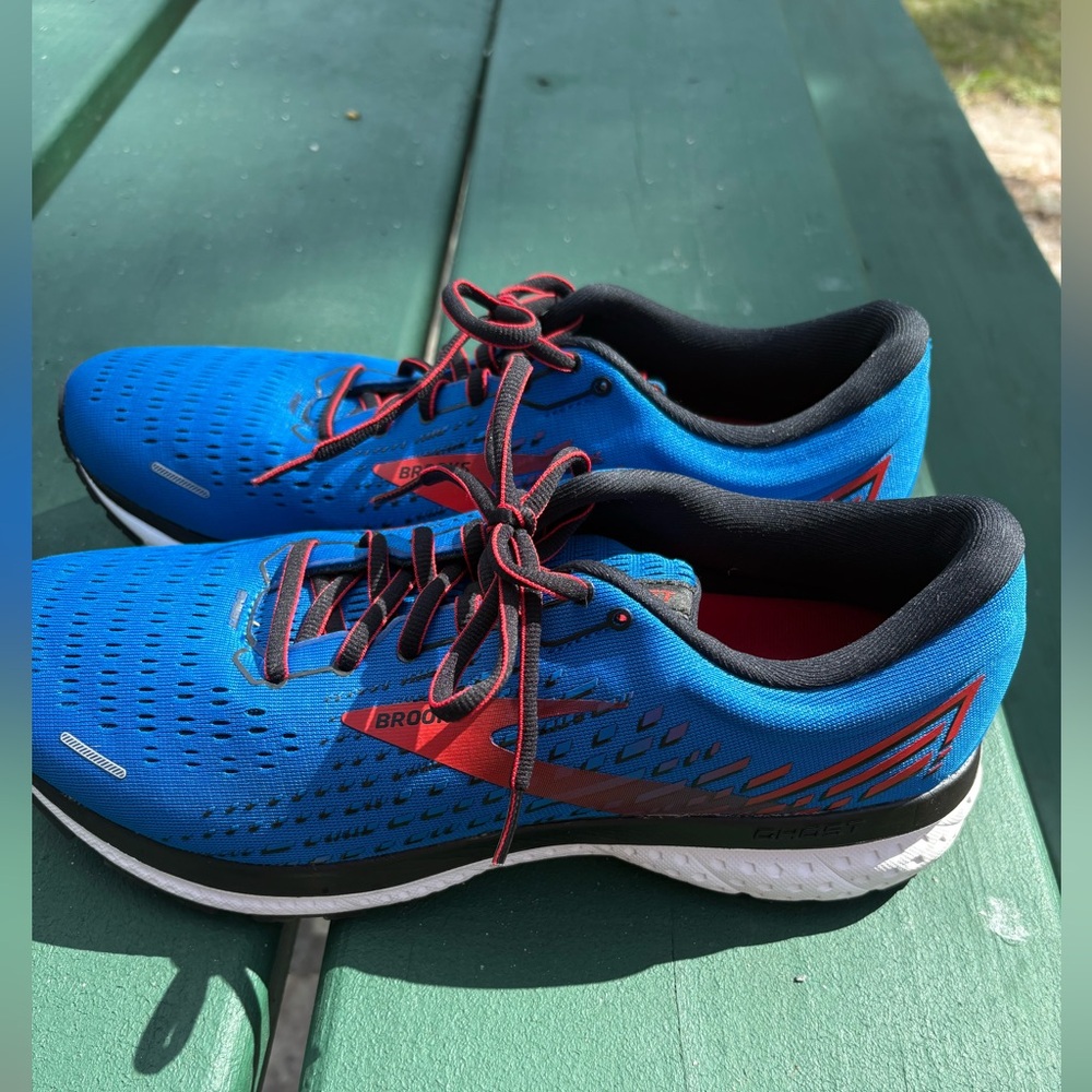 Brooks Ghost Blue and Red Athletic Shoes